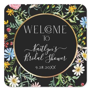 Floral Wildflower Boho Welcome Black  Square Sticker