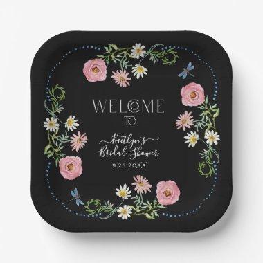 Floral Wildflower Daisy Boho Black Bridal Shower Paper Plates