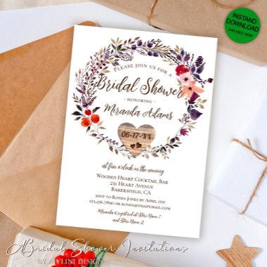 Floral Wooden Heart Rustic Bridal Shower Invitations