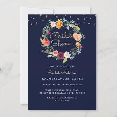 Floral Wreath Navy Gold Bridal Shower Invitations