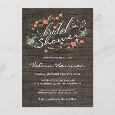 Floral Wreath Rustic Wood Bridal Shower Invites