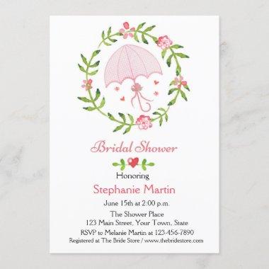 Floral Wreath with Pink Umbrella, Bridal Shower Invitations