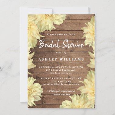 Floral Yellow Dahlia Rustic Wood Bridal Shower Invitations