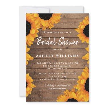 Floral Yellow Sunflower Rustic Wood Bridal Shower Invitations