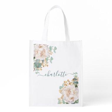 Florals peony eucalyptus monogram bridesmaid grocery bag