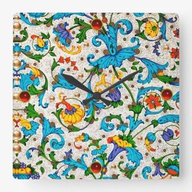 FLORENTINE RENAISSANCE BLUE FLORAL SWIRLS,FLOWERS SQUARE WALL CLOCK