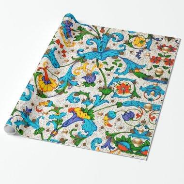 FLORENTINE RENAISSANCE BLUE FLORAL SWIRLS,FLOWERS WRAPPING PAPER