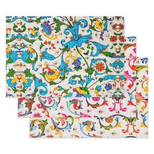 FLORENTINE RENAISSANCE FLORAL SWIRLS,FLOWERS WRAPPING PAPER SHEETS