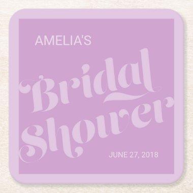 Flourish Typography Lavender Lilac Bridal Shower Square Paper Coaster