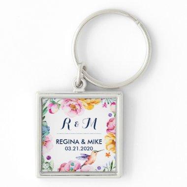 Flower and Floral Wreath Spring Wedding Monogram Keychain