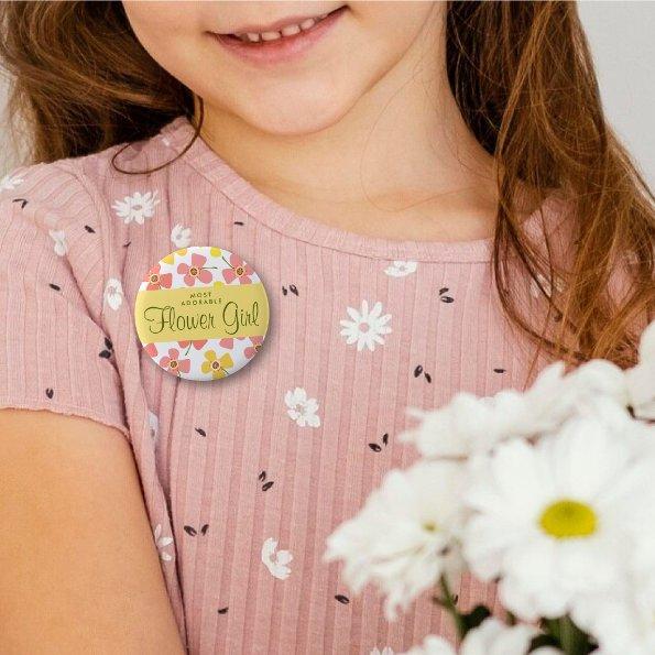 FLOWER GIRL Cute Pink Daisies Pop Wedding Name Tag Button