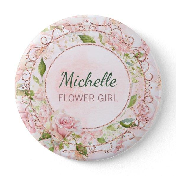 Flower Girl Watercolor Rose Gold Pink Floral Button