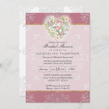 Flower Heart w Lace Dusty Berry Pink Bridal Shower Invitations