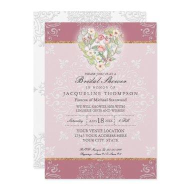 Flower Heart w Lace Dusty Berry Pink Bridal Shower Invitations