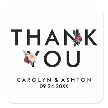 Flower Lettering | Maroon Thank You Wedding Favor Square Sticker
