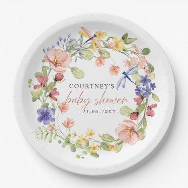 Flowers and Dragonflies Romantic Boho Baby Shower Paper Plates