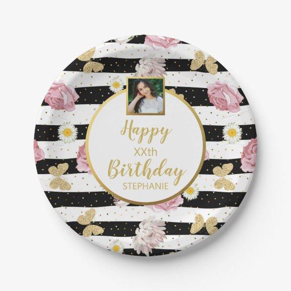 Flowers Butterflies, Birthday, Custom Photo Text Paper Plates