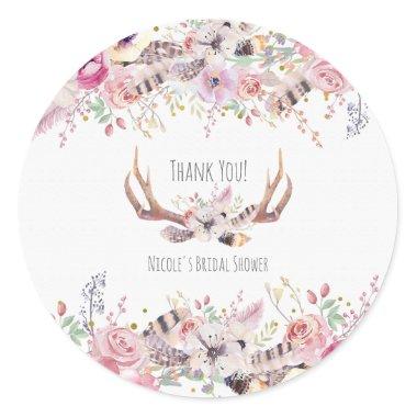 Flowers & Deer Antlers Rustic Wedding Favor Classic Round Sticker