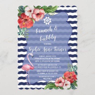 Flowers Luau Flamingo Navy Stripes Brunch & Bubbly Invitations