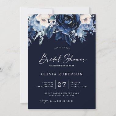 Flowers of Blue Wedding Bridal Shower White Invitations