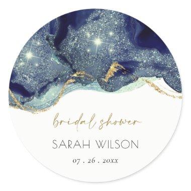 Fluid Abstract Ink Gold Navy Glitter Bridal Shower Classic Round Sticker