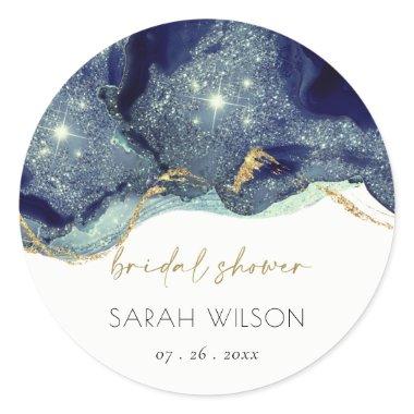 Fluid Abstract Ink Gold Navy Glitter Bridal Shower Classic Round Sticker