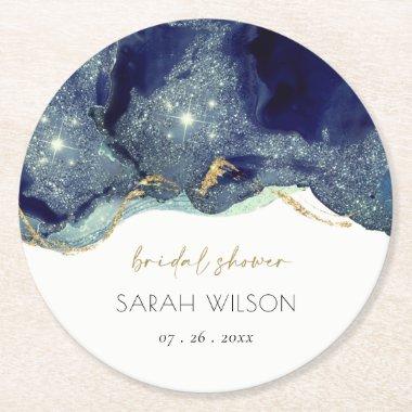 Fluid Abstract Ink Gold Navy Glitter Bridal Shower Round Paper Coaster