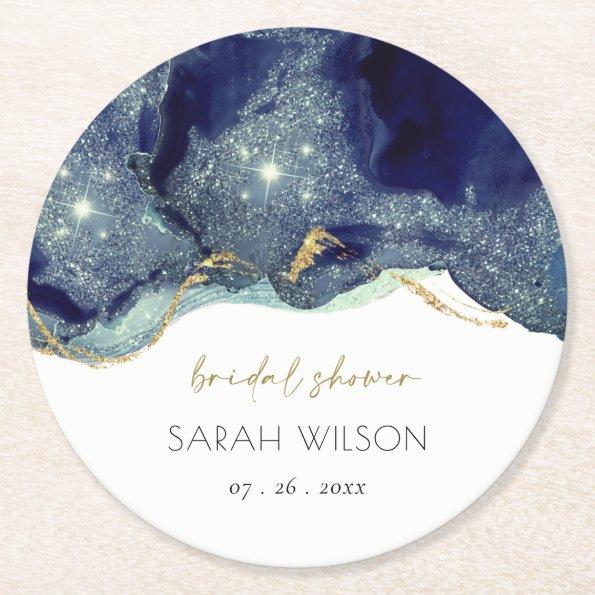 Fluid Abstract Ink Gold Navy Glitter Bridal Shower Round Paper Coaster