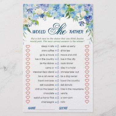FLYER PAPER Blue Hydrangea Bridal Shower Game