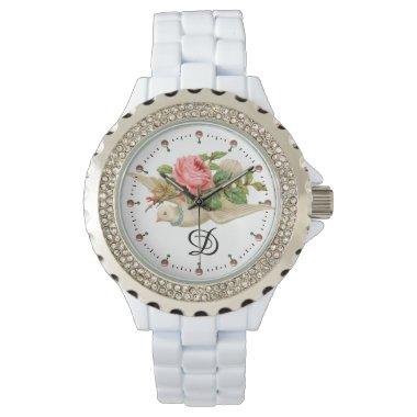 FLYING DOVE WITH PINK ROSE MONOGRAM WATCH