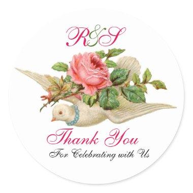 FLYING DOVE WITH PINK ROSE Thank You Monogram Classic Round Sticker