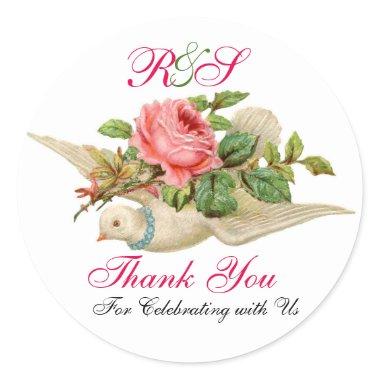 FLYING DOVE WITH PINK ROSE Thank You Monogram Classic Round Sticker