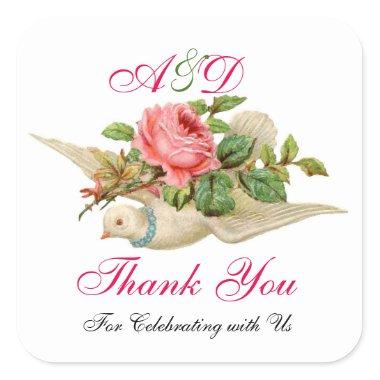 FLYING DOVE WITH PINK ROSE Thank You Monogram Square Sticker