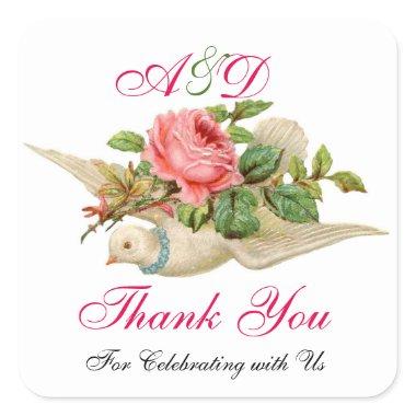 FLYING DOVE WITH PINK ROSE Thank You Monogram Square Sticker