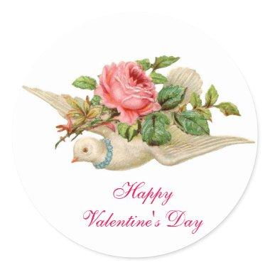 FLYING DOVE WITH PINK ROSE VALENTINE'S DAY CLASSIC ROUND STICKER