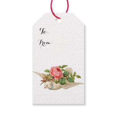 FLYING DOVE WITH PINK ROSE Valentine's Day Gift Tags