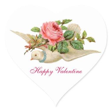 FLYING DOVE WITH PINK ROSE VALENTINE'S DAY HEART STICKER