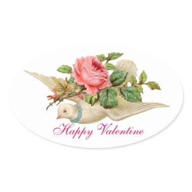 FLYING DOVE WITH PINK ROSE VALENTINE'S DAY OVAL STICKER