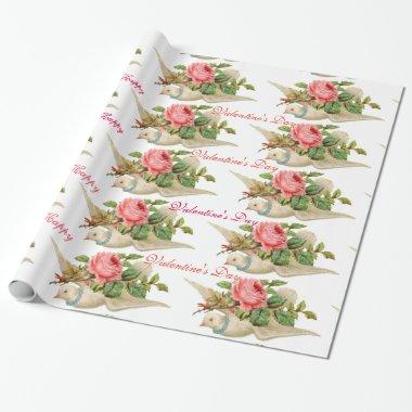 FLYING DOVE WITH PINK ROSE VALENTINE'S DAY WRAPPING PAPER