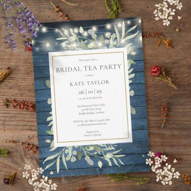 Foliage Blue Rustic String Lights Bridal Tea Party Invitations