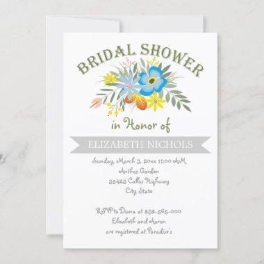 Folklore blue flowers modern wedding bridal shower Invitations