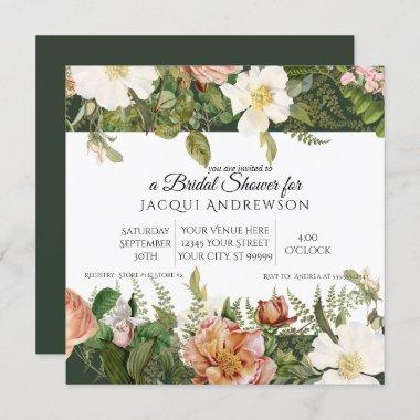Forest Green Pink Ivory Roses Floral Bridal Shower Invitations