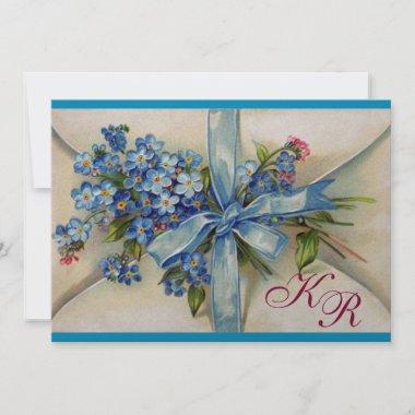 FORGET ME NOTS MONOGRAM ,BLUE WEDDING PARTY silver Invitations