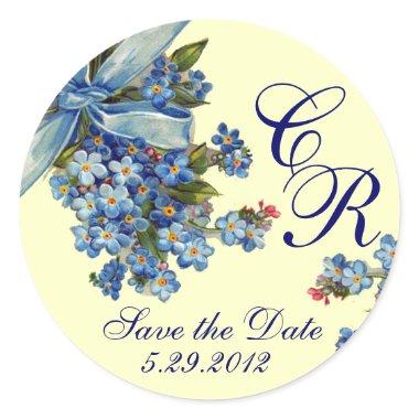 FORGET ME NOTS MONOGRAM ,WEDDING PARTY blue Classic Round Sticker