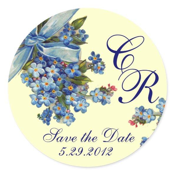 FORGET ME NOTS MONOGRAM ,WEDDING PARTY blue Classic Round Sticker