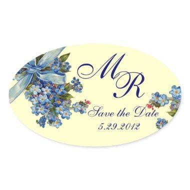 FORGET ME NOTS MONOGRAM ,WEDDING PARTY blue cream Oval Sticker