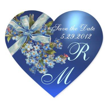 FORGET ME NOTS MONOGRAM ,WEDDING PARTY blue gem Heart Sticker