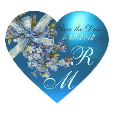 FORGET ME NOTS MONOGRAM ,WEDDING PARTY blue gem Heart Sticker