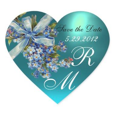 FORGET ME NOTS MONOGRAM ,WEDDING PARTY blue gem Heart Sticker