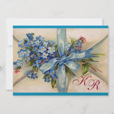 FORGET ME NOTS MONOGRAM ,WEDDING PARTY blue gold Invitations